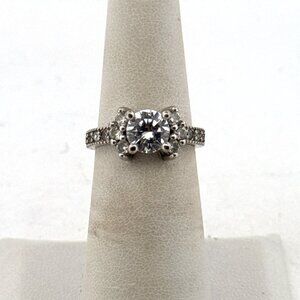 Estate Sterling Silver 925 Engagement Ring Size 5.5 Round CZ Halo Accent Band